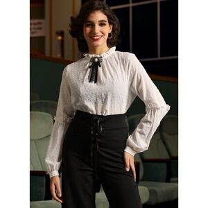 ModCloth Bygone Beauty Balloon Sleeve Blouse White Bow Neck Blouse NWT M